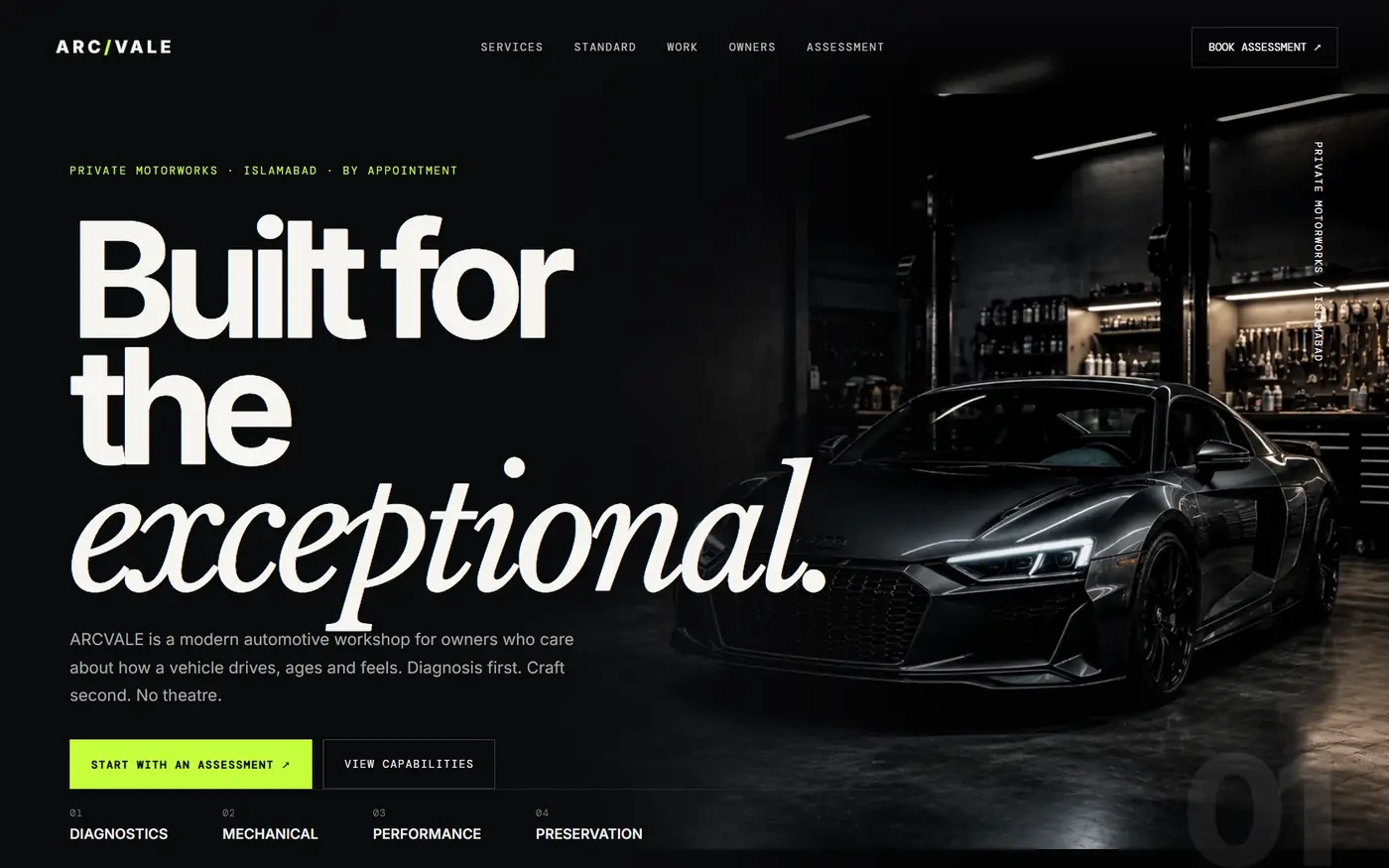 ARCVALE private motorworks automotive website design preview